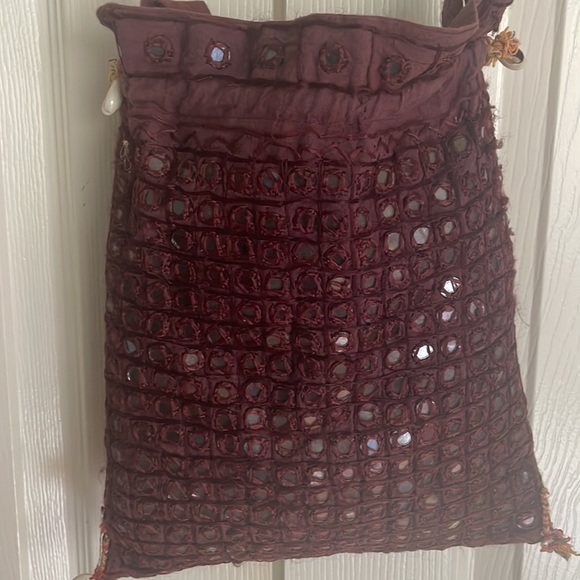 Glass Beaded Detail Burgundy Crossbody Tote * Boho * Hippie * Ethnic * Handmade - Picture 3 of 15